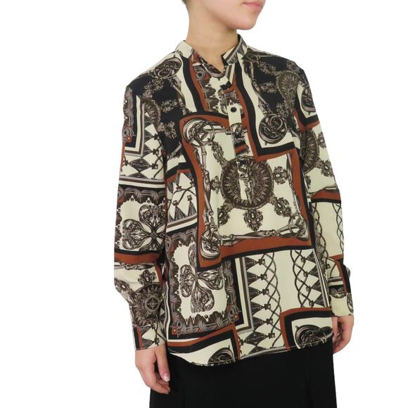 90s Vintage Blouse Brown Black Cream Baroque Pattern Long Sleeve Blouse Medium - Picture 1 of 4